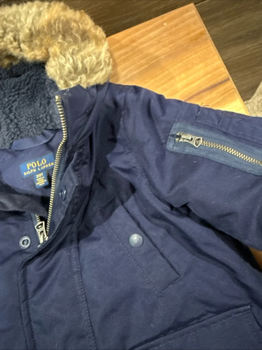 Kids Ralph Lauren Navy Hooded Puffer Coat with Faux Fur Trim